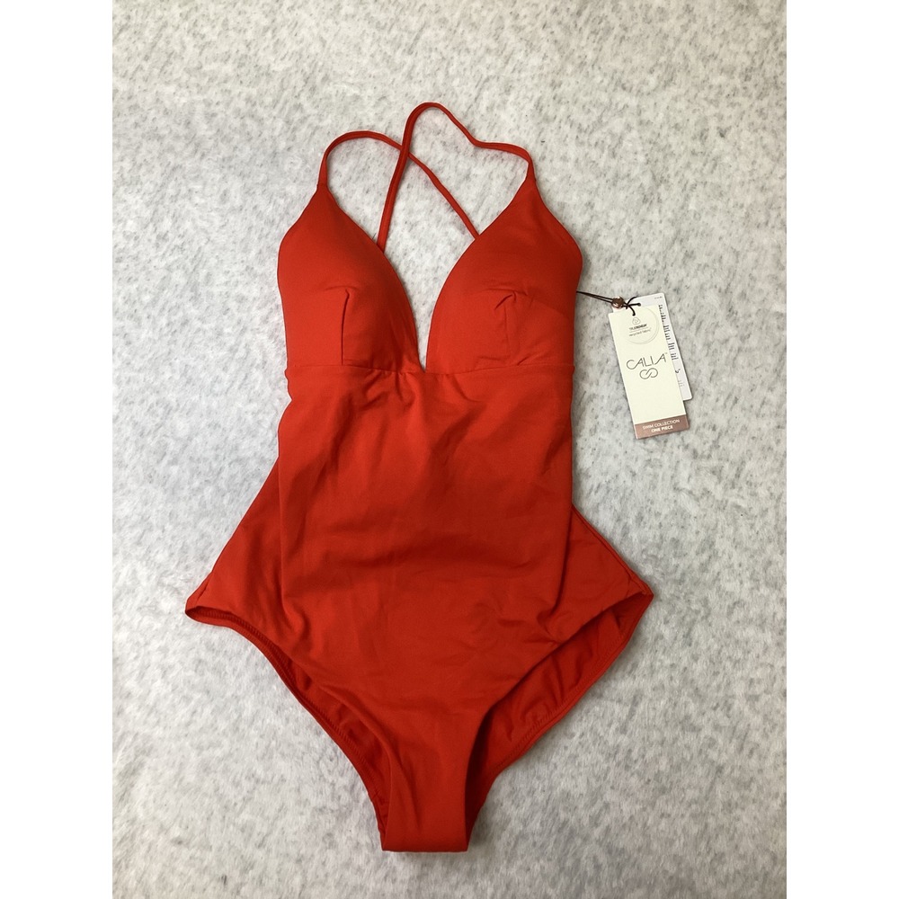 CALIA Triangle Strappy Back One Piece Swimsuit Fresh Red Tummy Control Size 8